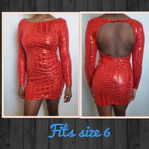 Red, back out, mini red sequin dress. Best for size 4-6